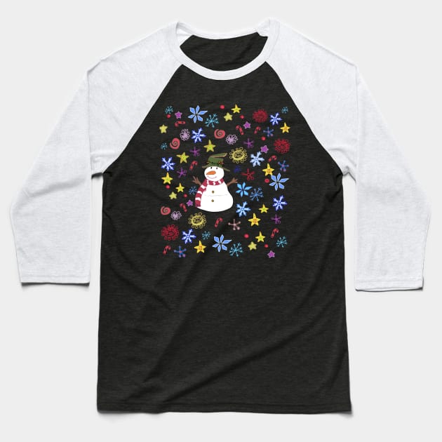 Colourful Snowman doodle design Baseball T-Shirt by markatos